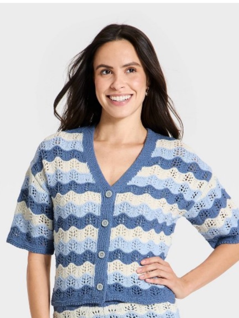 Blue and Cream Wave Crochet Button Cardigan